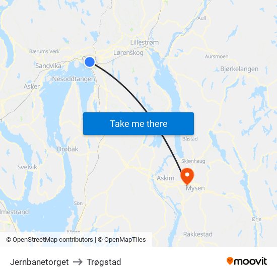 Jernbanetorget to Trøgstad map
