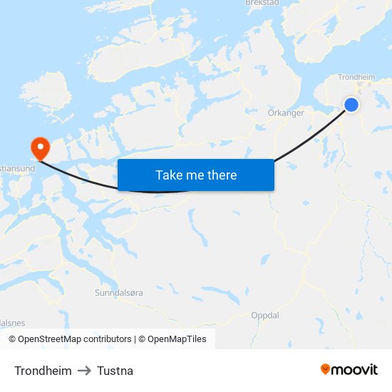 Trondheim to Tustna map