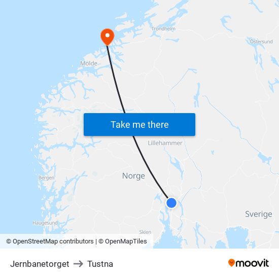 Jernbanetorget to Tustna map