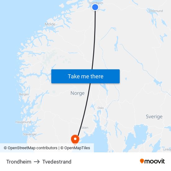 Trondheim to Tvedestrand map