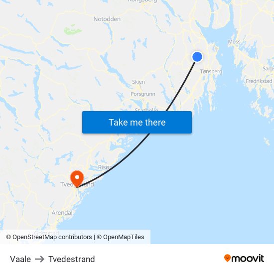 Vaale to Tvedestrand map