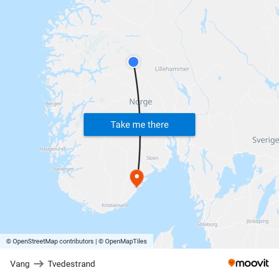 Vang to Tvedestrand map