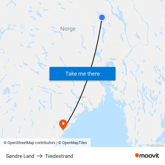 Søndre Land to Tvedestrand map