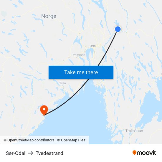 Sør-Odal to Tvedestrand map