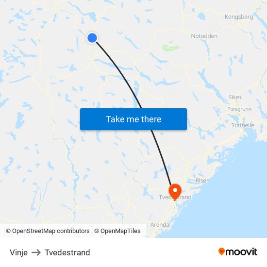 Vinje to Tvedestrand map