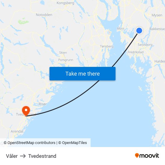 Våler to Tvedestrand map