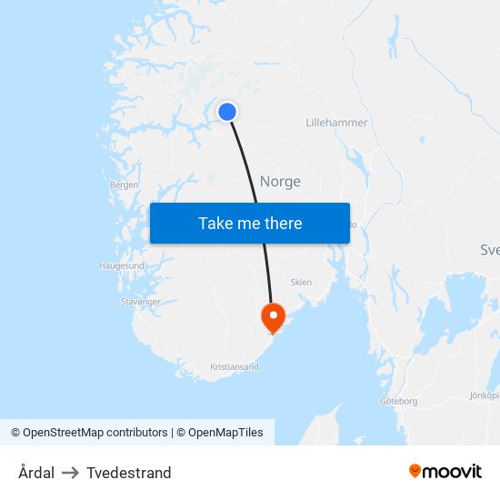 Årdal to Tvedestrand map