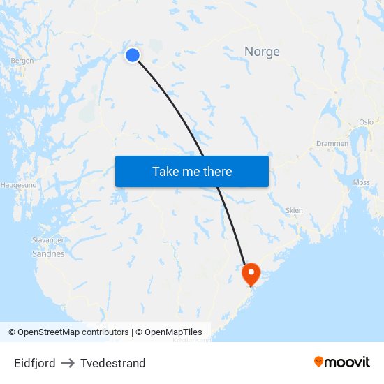 Eidfjord to Tvedestrand map