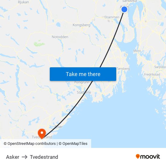 Asker to Tvedestrand map