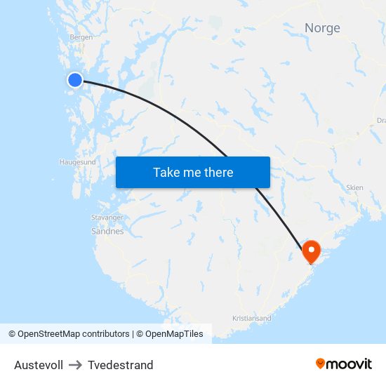 Austevoll to Tvedestrand map