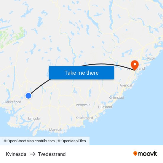 Kvinesdal to Tvedestrand map