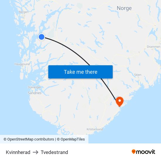 Kvinnherad to Tvedestrand map