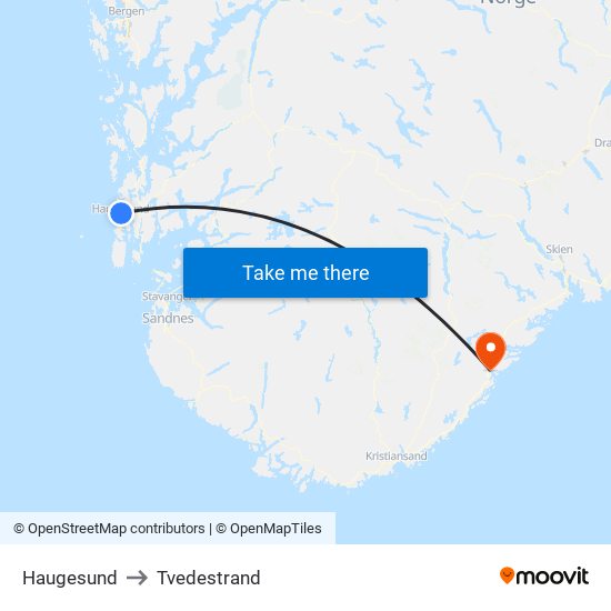 Haugesund to Tvedestrand map