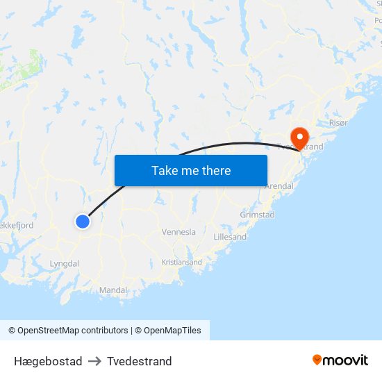 Hægebostad to Tvedestrand map