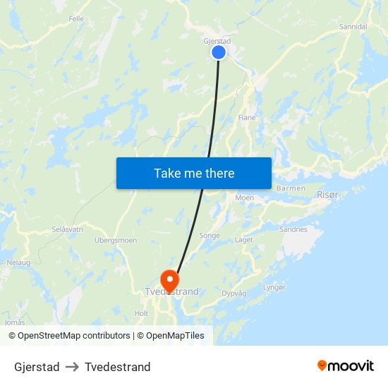 Gjerstad to Tvedestrand map