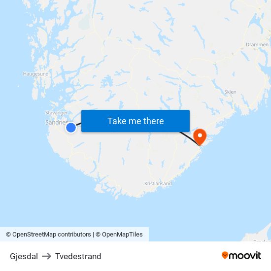 Gjesdal to Tvedestrand map