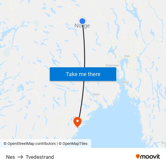 Nes to Tvedestrand map