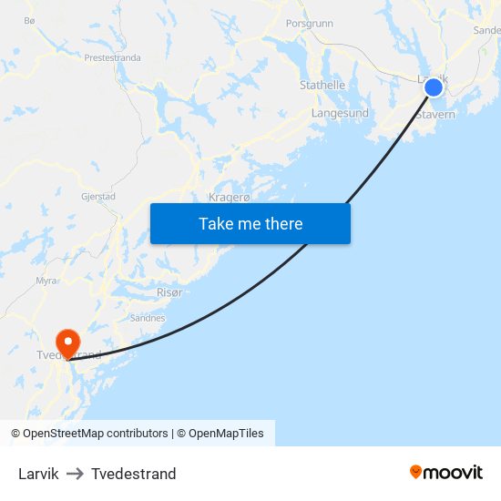 Larvik to Tvedestrand map