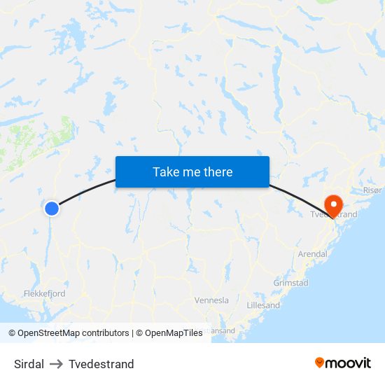 Sirdal to Tvedestrand map