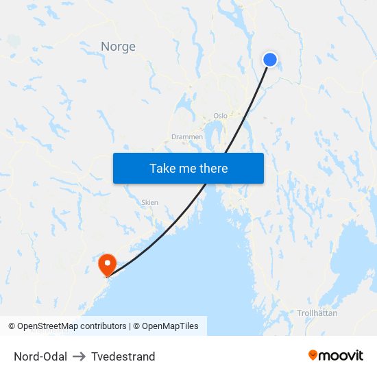 Nord-Odal to Tvedestrand map