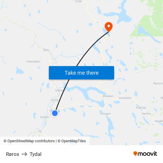 Røros to Tydal map