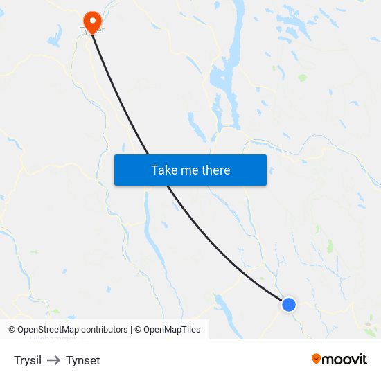 Trysil to Tynset map