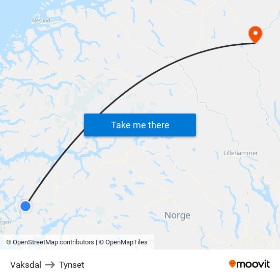 Vaksdal to Tynset map