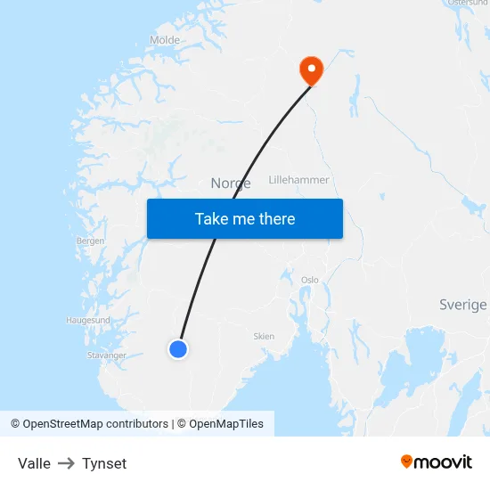 Valle to Tynset map