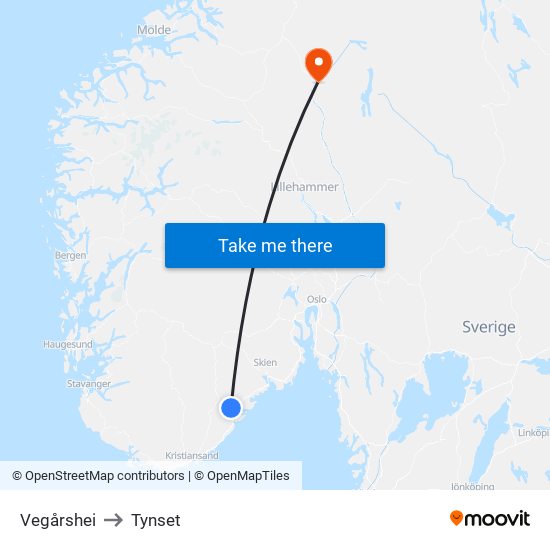 Vegårshei to Tynset map