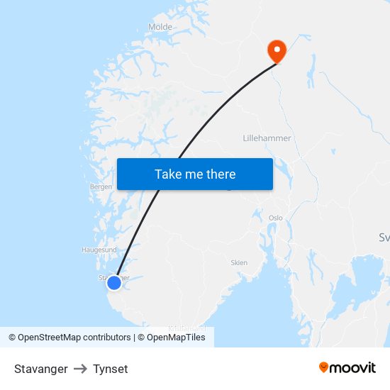 Stavanger to Tynset map