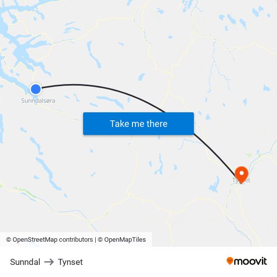 Sunndal to Tynset map