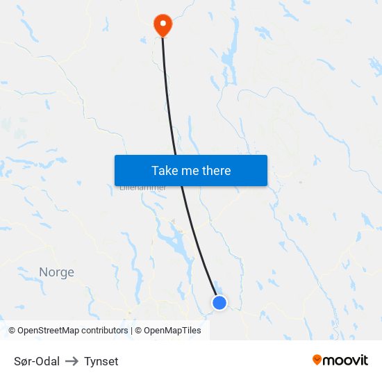 Sør-Odal to Tynset map