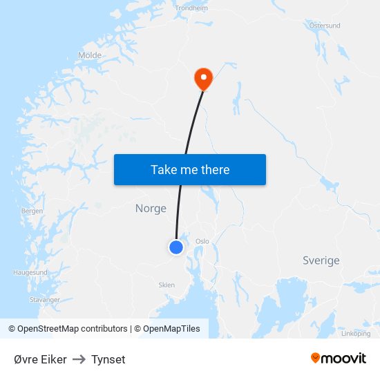 Øvre Eiker to Tynset map