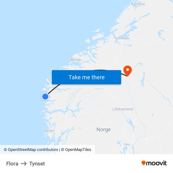 Flora to Tynset map