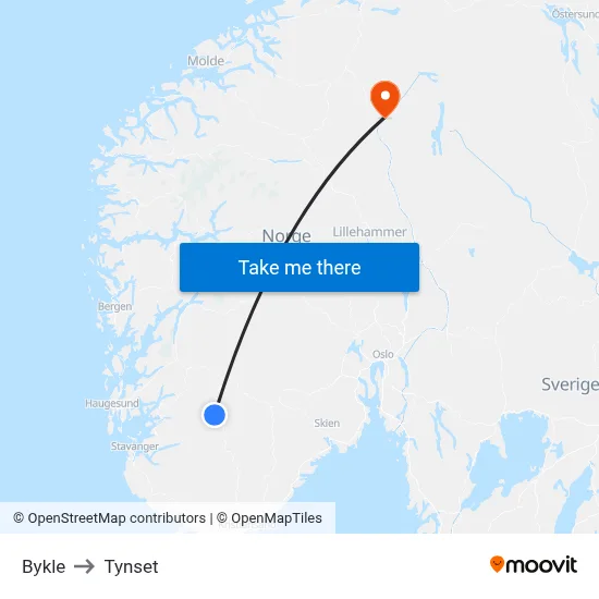 Bykle to Tynset map