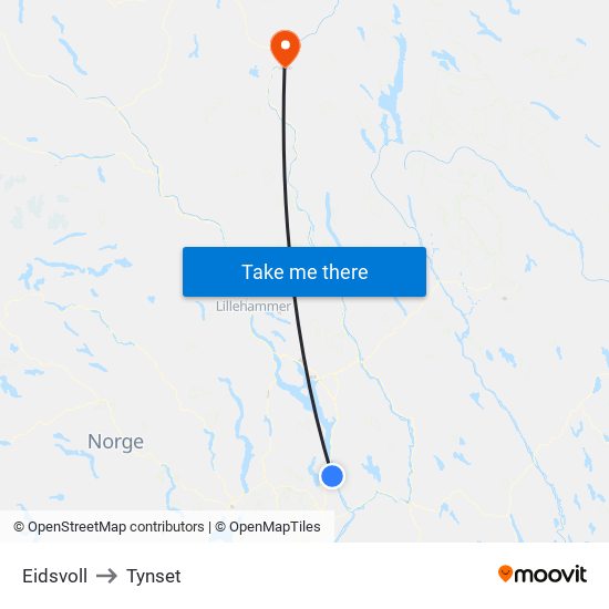 Eidsvoll to Tynset map