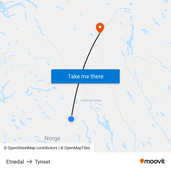 Etnedal to Tynset map