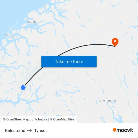 Balestrand to Tynset map