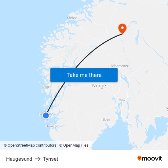 Haugesund to Tynset map