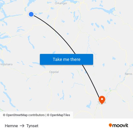 Hemne to Tynset map