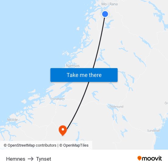 Hemnes to Tynset map