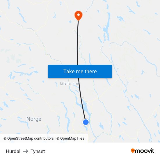 Hurdal to Tynset map