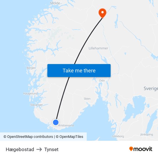 Hægebostad to Tynset map