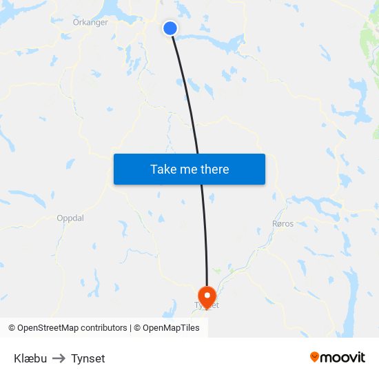 Klæbu to Tynset map
