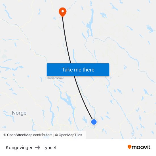 Kongsvinger to Tynset map