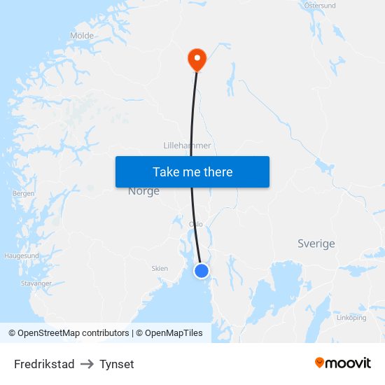 Fredrikstad to Tynset map