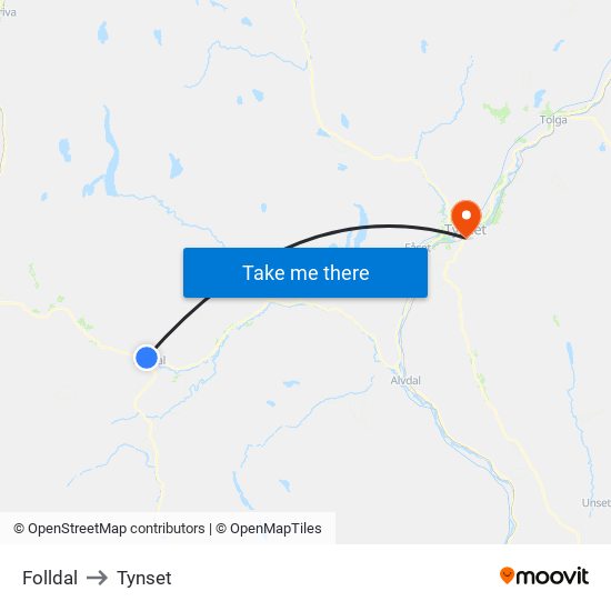 Folldal to Tynset map