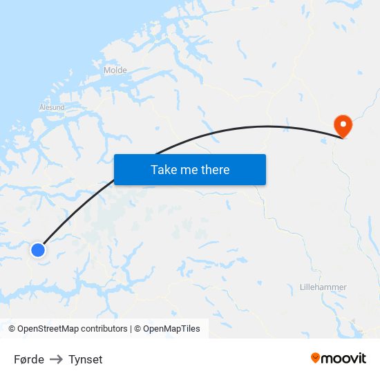 Førde to Tynset map