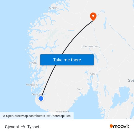 Gjesdal to Tynset map