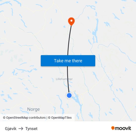 Gjøvik to Tynset map